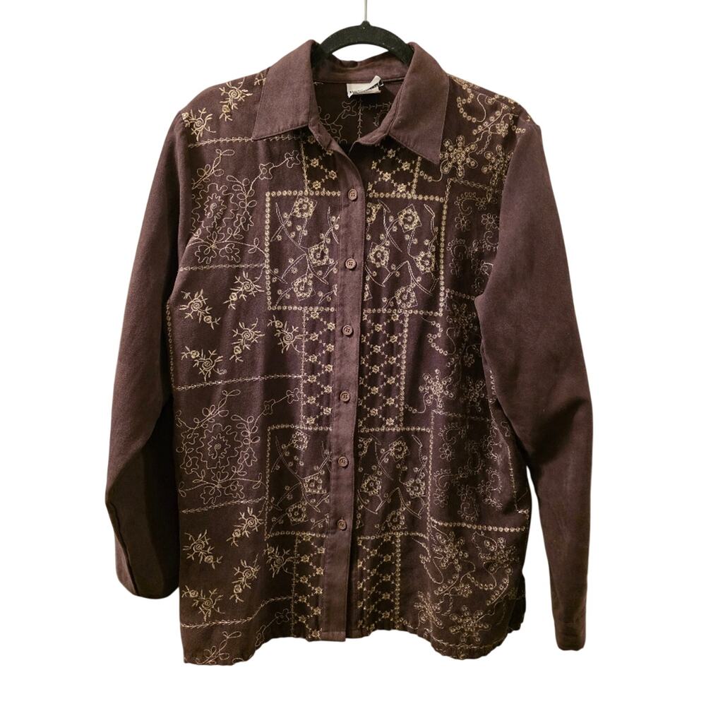 Vtg Floral Embroidered Brown Velvety Long Sleeve Button Up Shirt Boho M